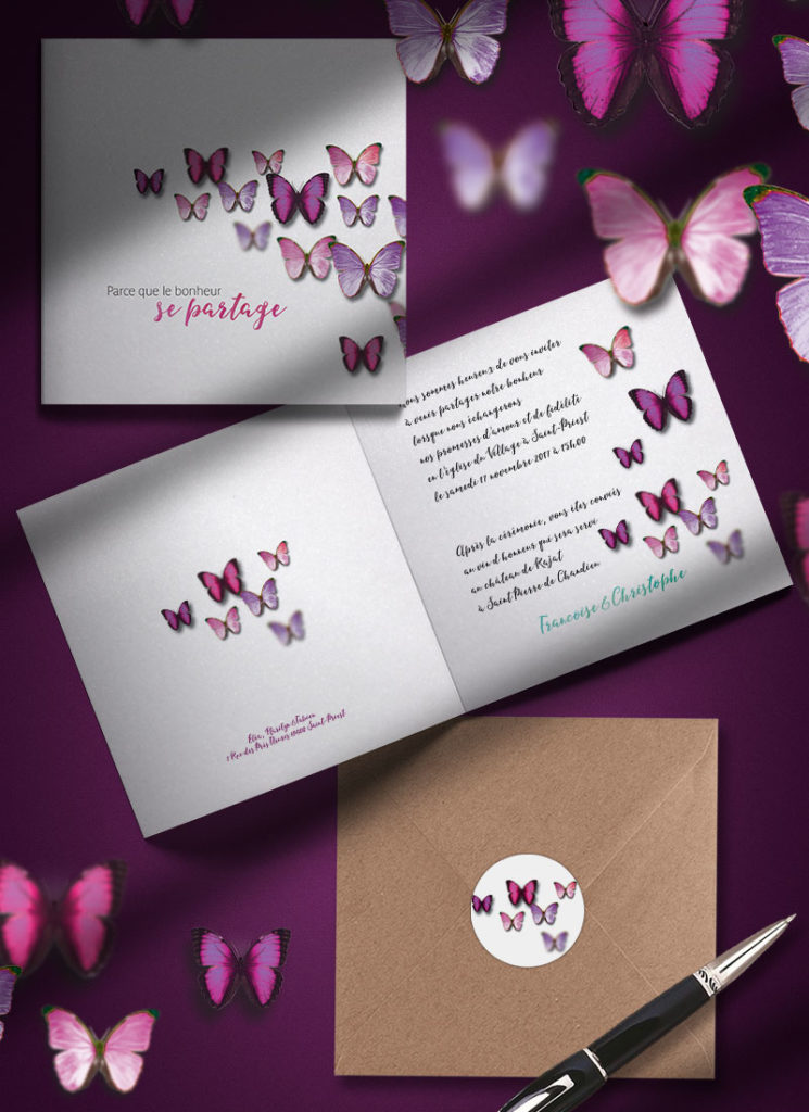 Carte d'invitation papillon pour filles, autocollants enveloppe